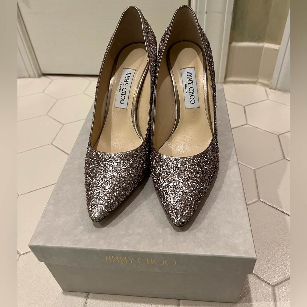 Jimmy Choo Romy 85 Rose Gold Metallic Glitter 39.5